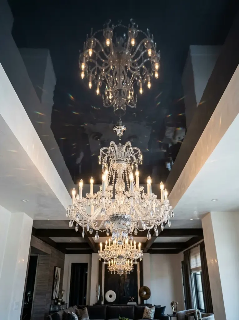 High Gloss Black Painted Ceiling Crystal chandelier hanging from a ceiling painted in a highly reflective high gloss black finish.
