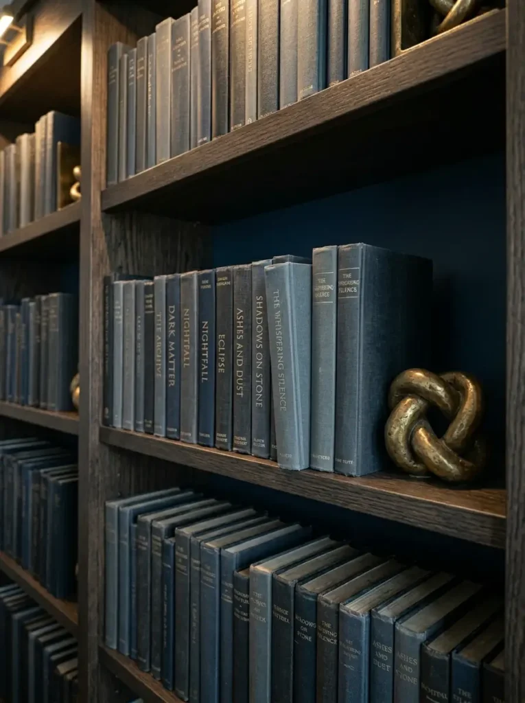 Spine Out Book Styling | StylishGalore Collection of hardcover books arranged with solid grey and blue cloth spines facing outward