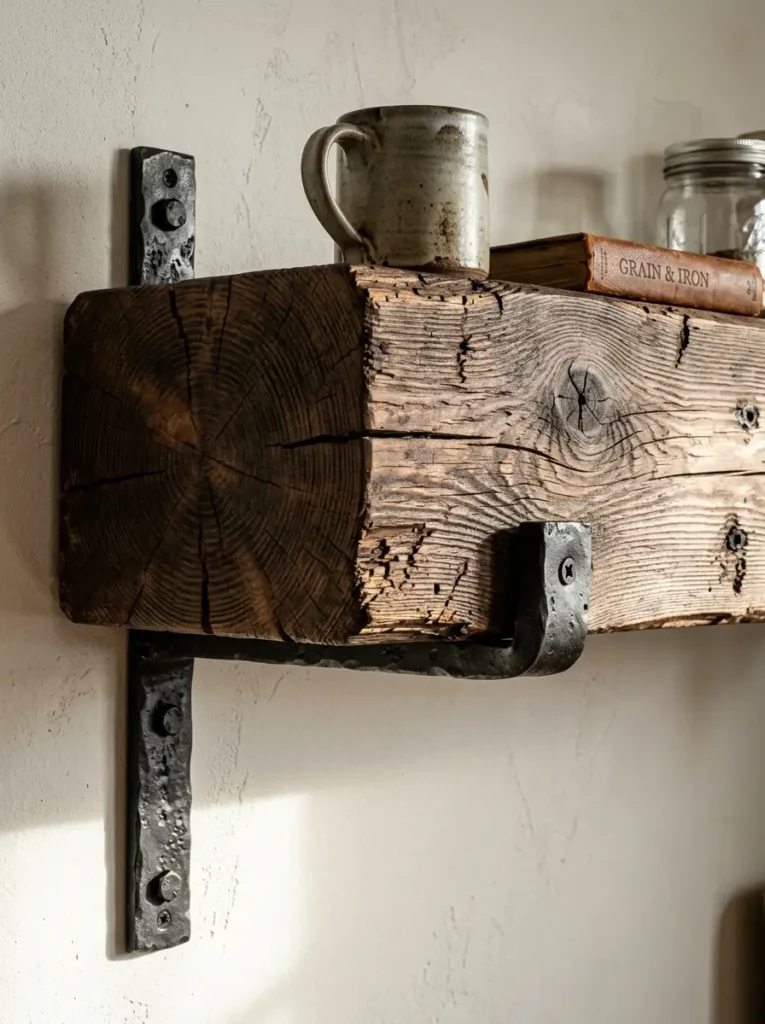 Thick Timber Floating Shelf Chunky distressed timber beam mounted to a wall using forged black iron brackets holding a rustic mug.