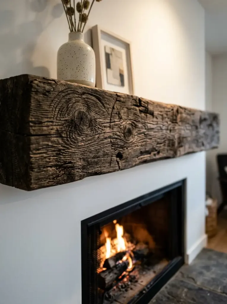 Reclaimed Barn Wood Fireplace Mantel Hollow thick reclaimed barn wood beam with deep knots slipped over an existing living room fireplace mantel