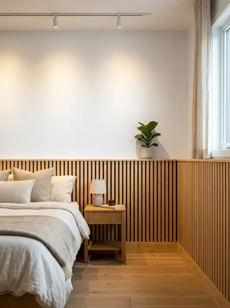 Vertical natural wood slats lining the lower half of a bedroom wall beneath plain white drywall.