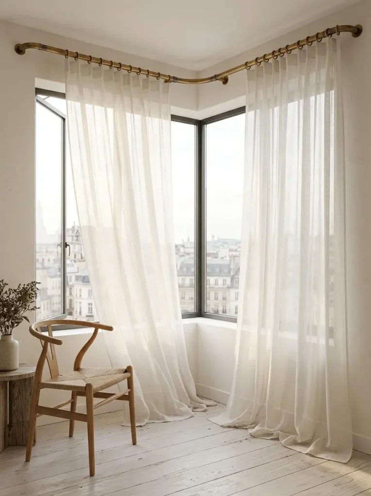 Lightweight white linen curtains hung on a curved brass rod in a corner window