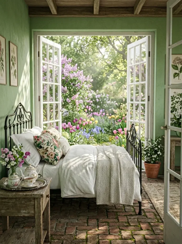 Antique iron bed with botanical pillows facing open glass doors that lead to a vibrant outdoor garden filled with spring tulips