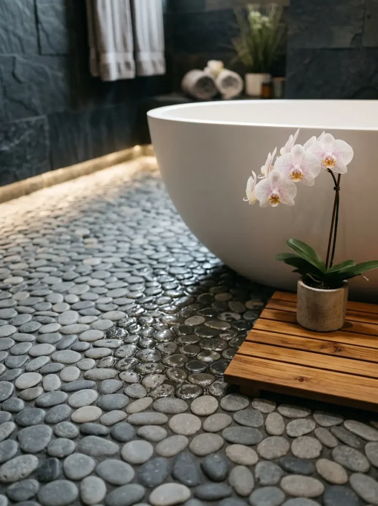 A river pebble bathroom floor with a white soaking tub and a potted orchid.