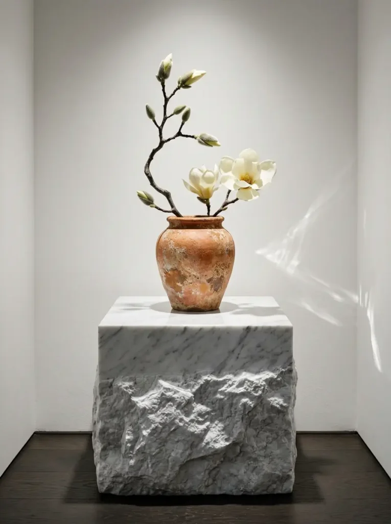 White marble display stand with a rough base holding an antique clay vase.