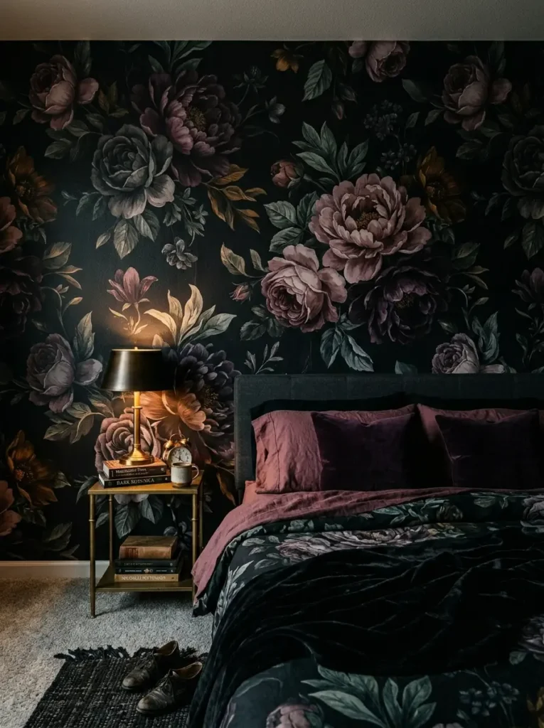 Removable dark wallpaper with large purple and pink roses behind a bed