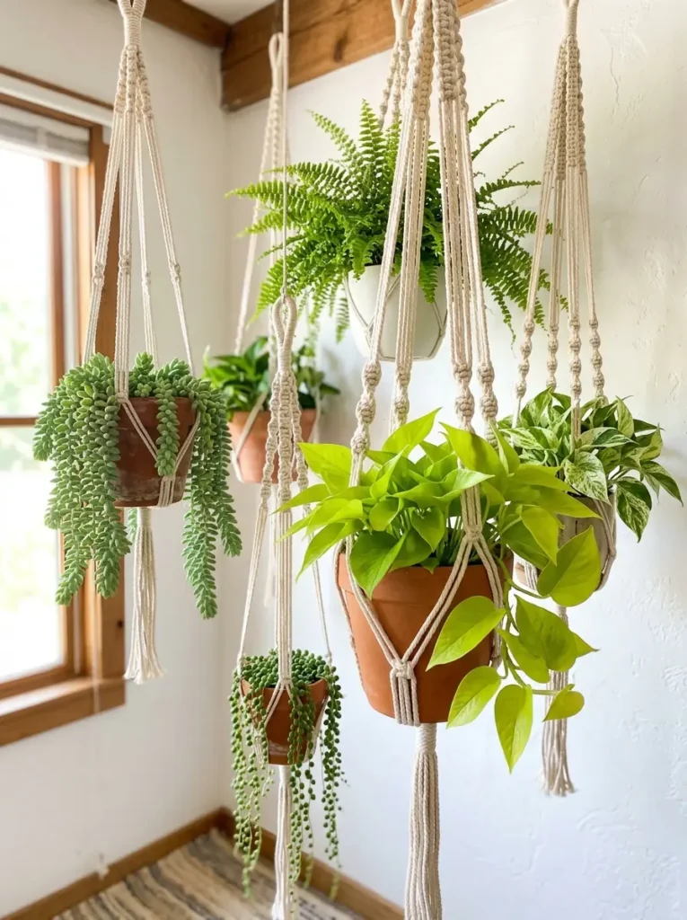 Five lush green plants hang from the ceiling in cotton macrame ropes