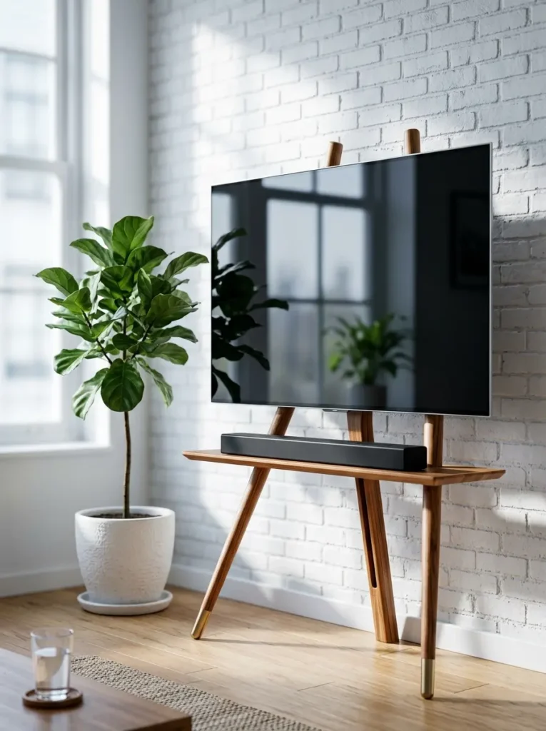 Flat screen television mounted on a minimalist wooden tripod easel stand against a white brick wall.