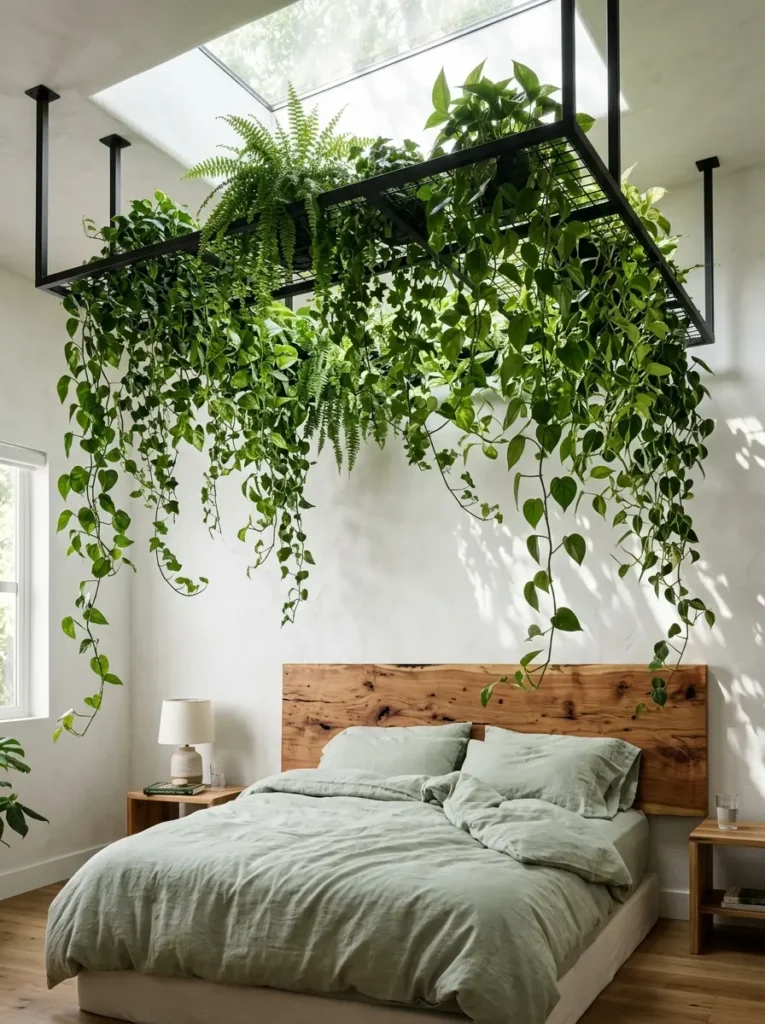 Suspended Ceiling Planter Black metal grid suspended from the ceiling holding trailing green plants above a wooden bed.