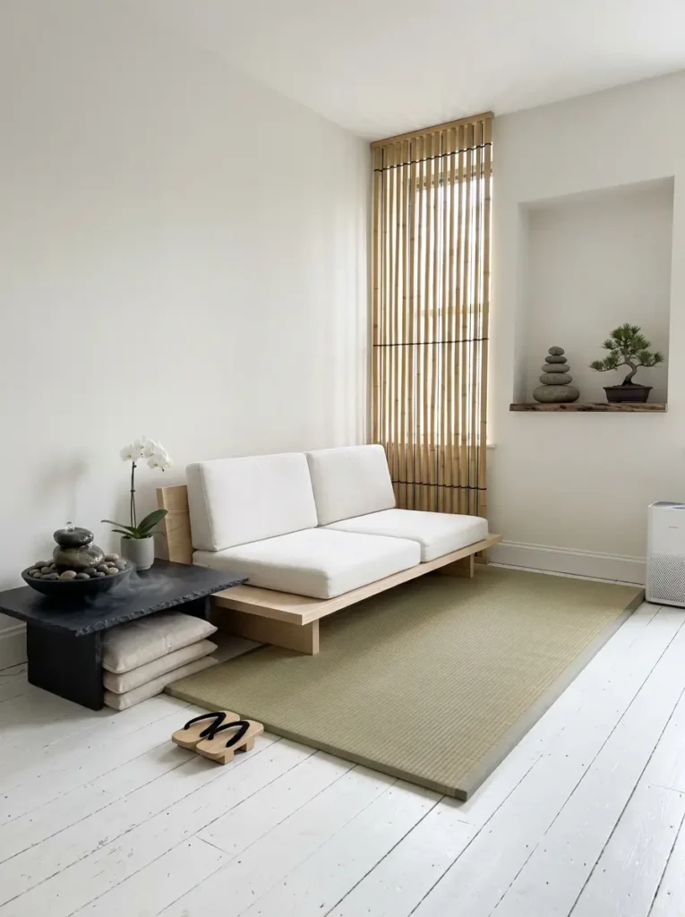Low wooden platform with white cushions on tatami mat near small black stone fountain in minimalist zen apartment
