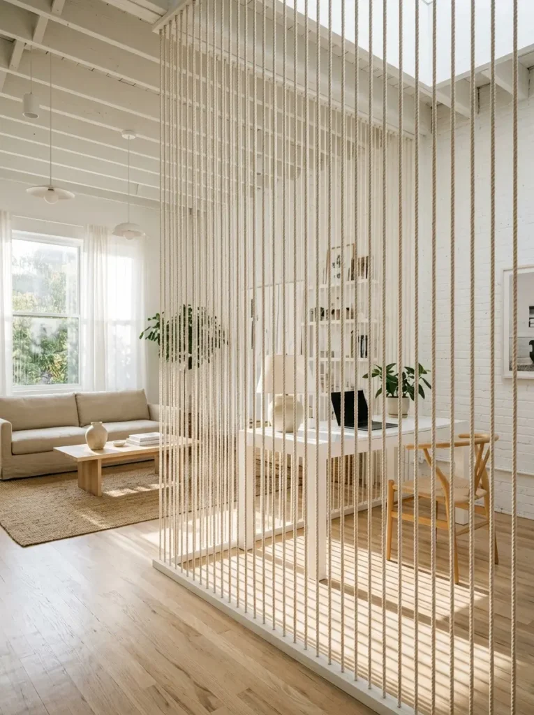 Room divider made of vertical white ropes in a loft.