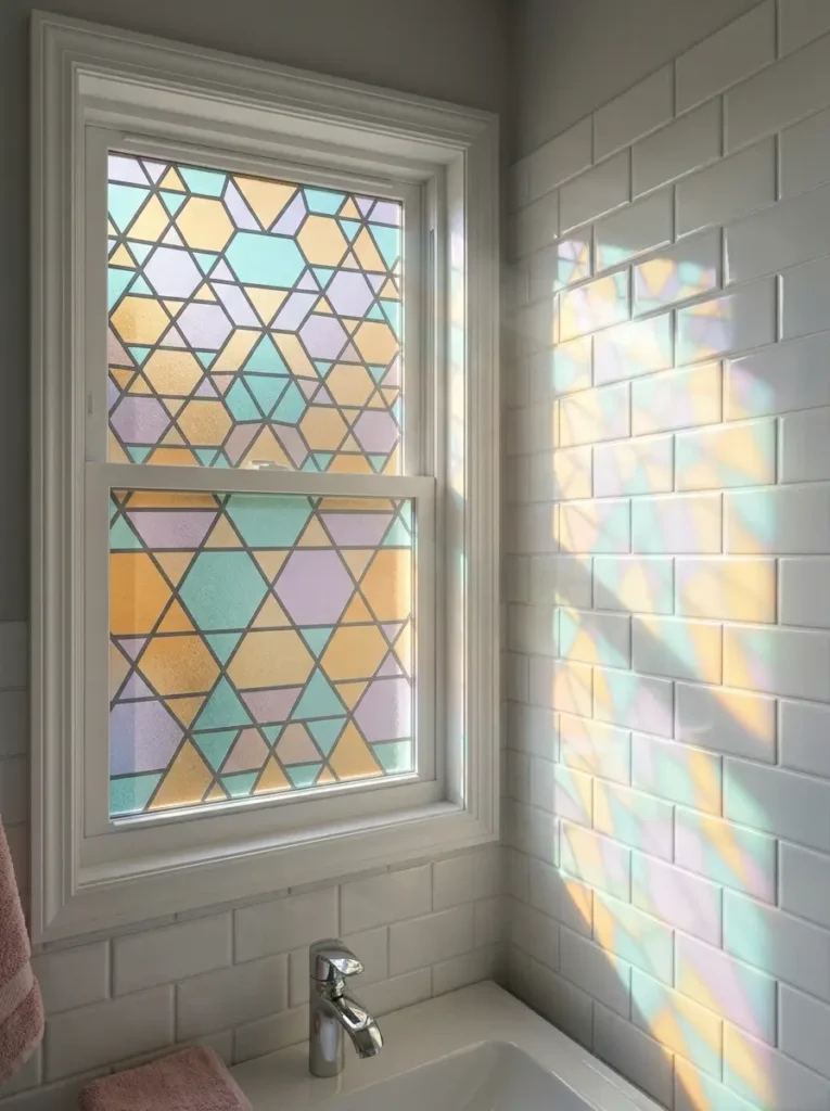 Faux stained glass geometric window film casting rainbow light onto white subway tile