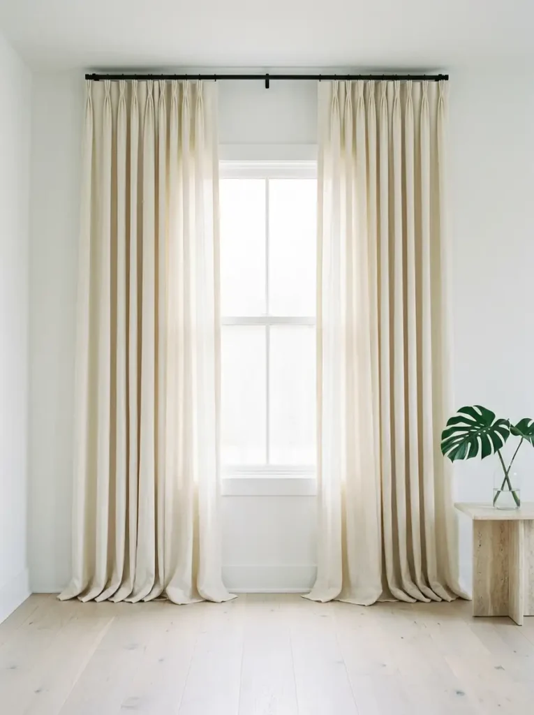 Floor To Ceiling Window Curtains Floor to ceiling cream colored window curtains hung high above a standard window frame.