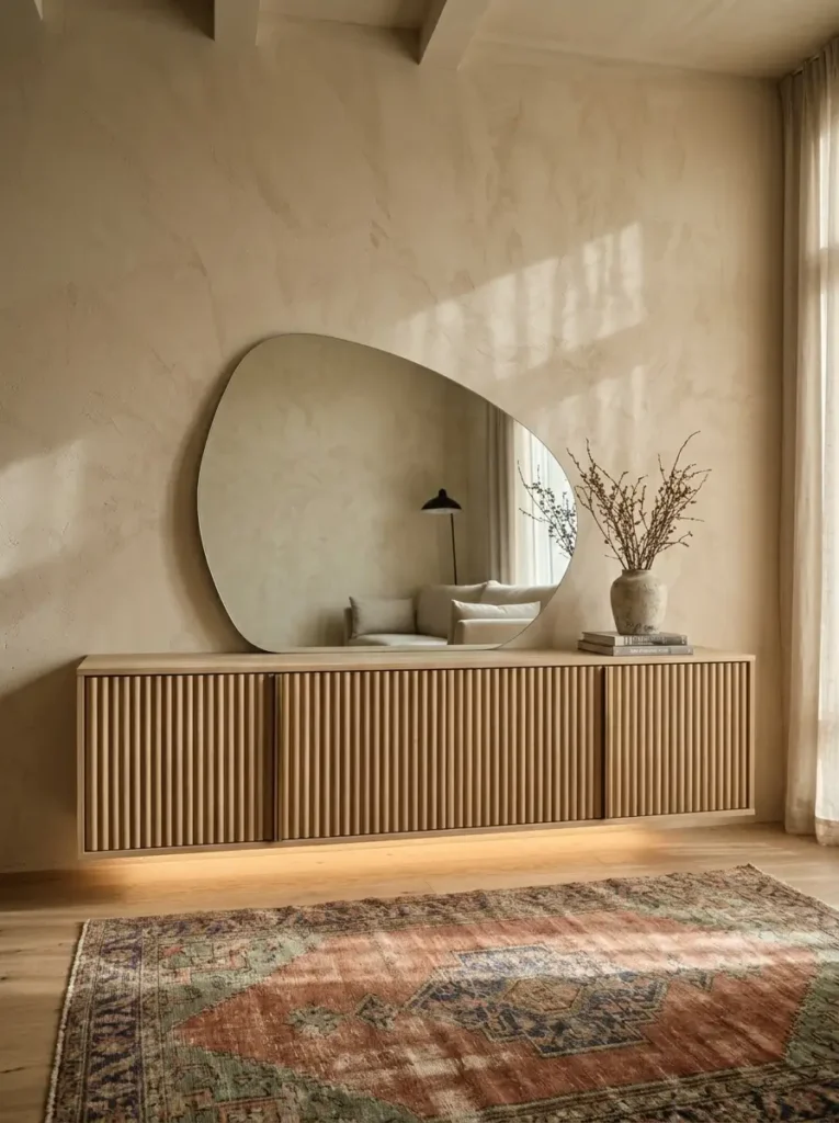 Irregular Floating Mirror | StylishGalore Large organic shaped frameless mirror hanging above a modern fluted wooden credenza
