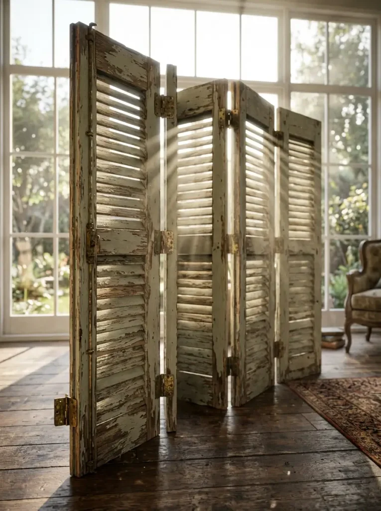 Weathered Shutter Room Divider Connected vintage window shutters with peeling paint standing upright on a wooden floor.
