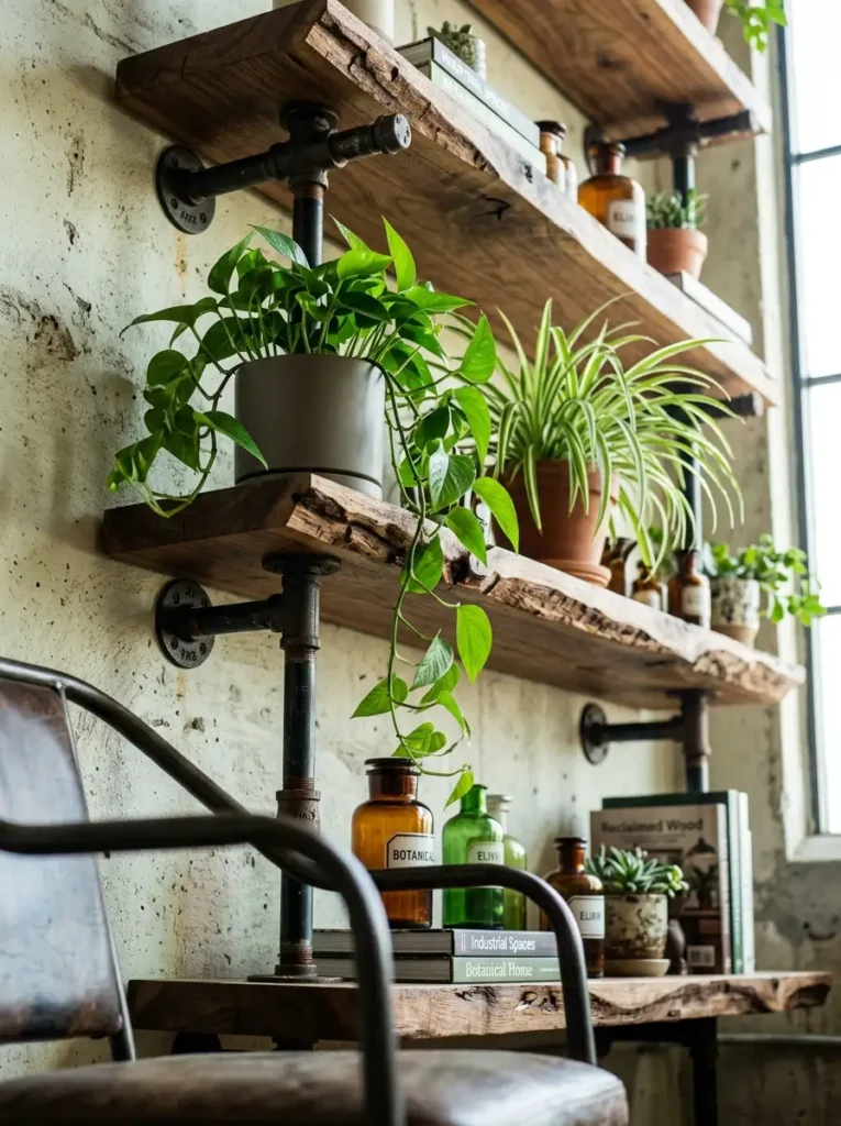 Industrial Iron Pipe Floating Shelves Black industrial plumbing pipes supporting raw edge wooden shelves filled with trailing plants and glass bottles