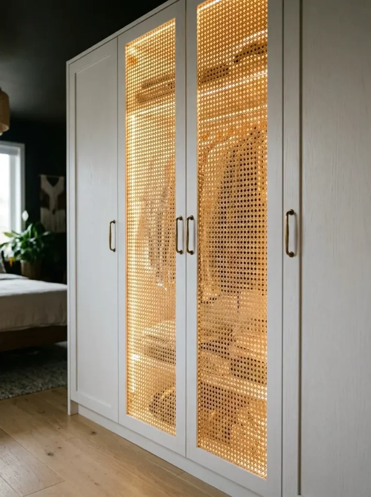 Large white wardrobe doors with glowing backlit rattan cane webbing panels in the center.