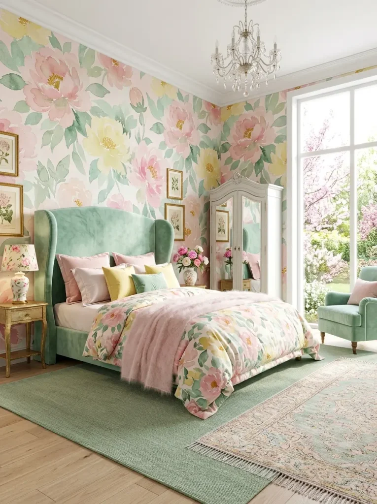 Large painted pink peony blossoms on wallpaper behind a tall mint green velvet headboard with a mirrored armoire nearby
