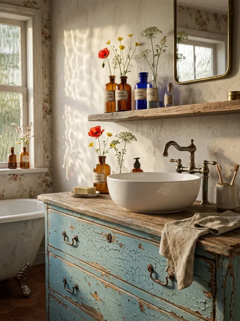 A distressed blue painted dresser vanity with colorful spring wildflowers in bottles.