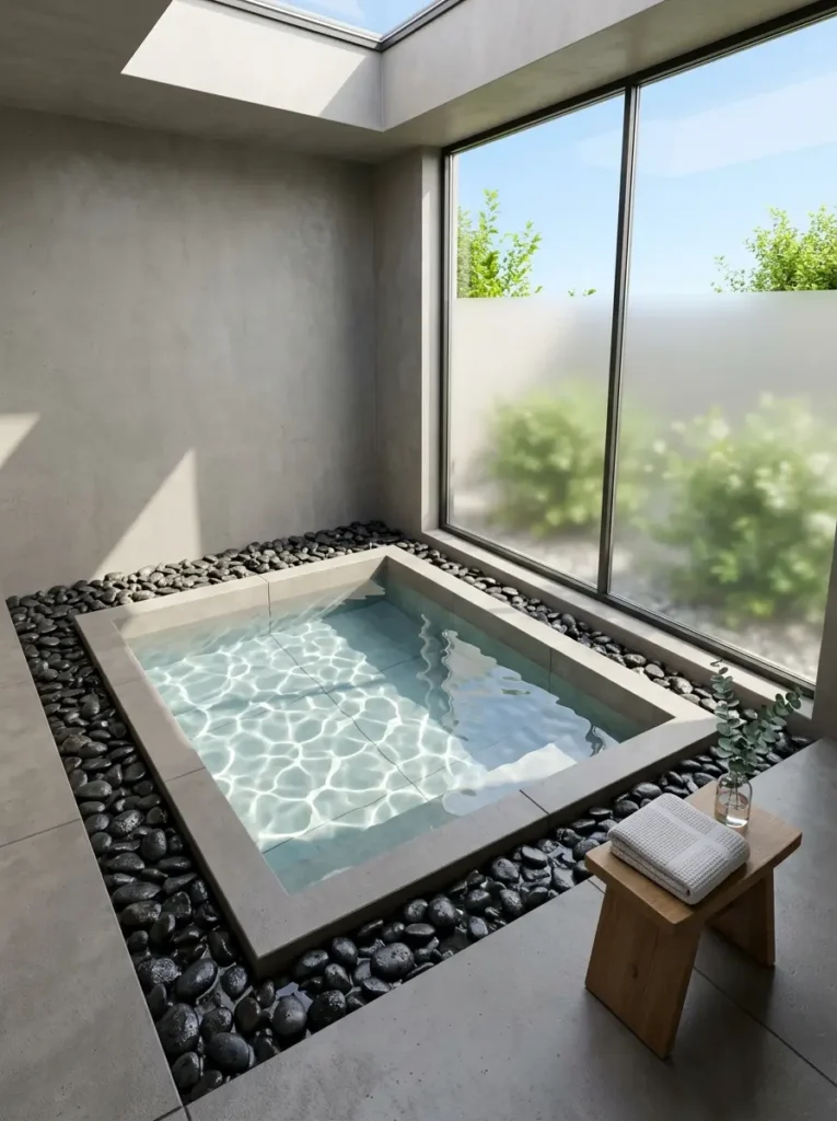 Sunken square bathtub surrounded by black river rocks next to a frosted window.