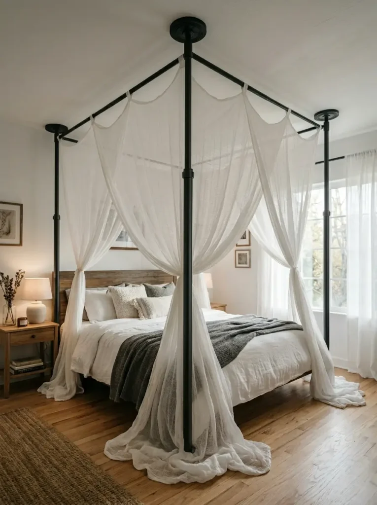 Four black tension rods holding sheer white canopy fabric over a bed