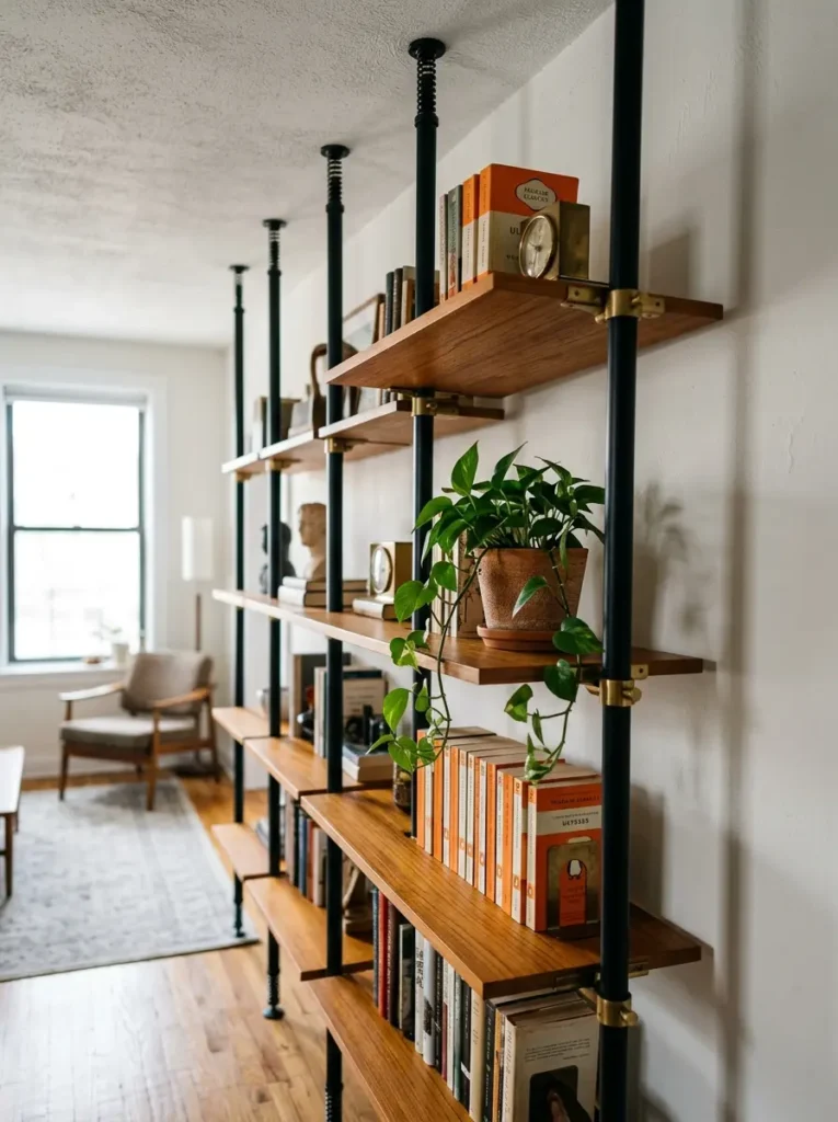 Black metal tension poles support floating wooden shelves in a living room