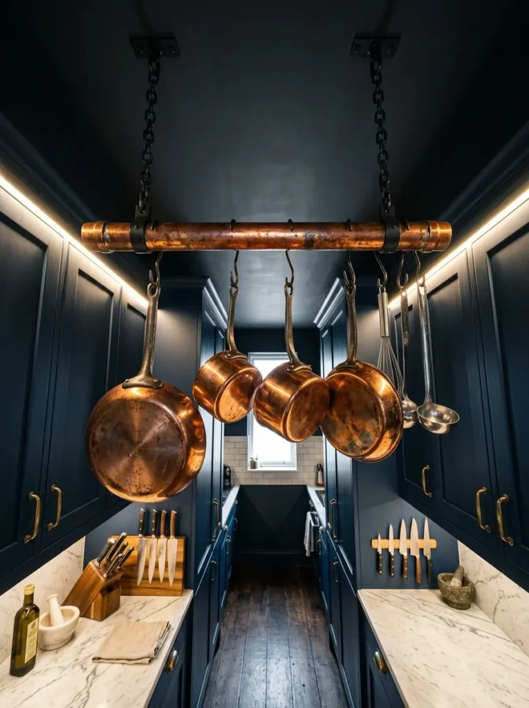 Heavy copper pipe suspended by black chains from a ceiling holding shiny copper saucepans.