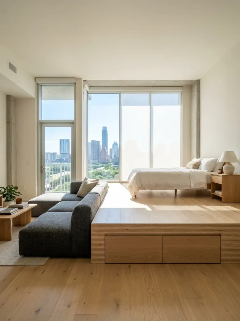 Multi Functional Platform Structure Raised wooden platform holding a bed with built in storage drawers underneath and a grey sofa nearby.