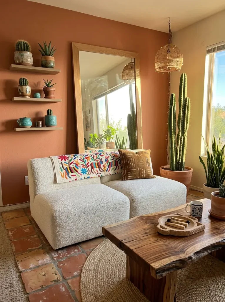 White textured loveseat with colorful embroidered blanket near large leaning floor mirror and tall green cactus