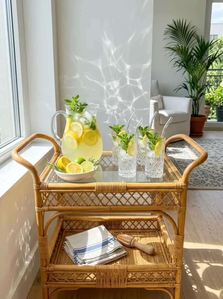 Rattan bar cart with pitcher of lemonade and glasses.
