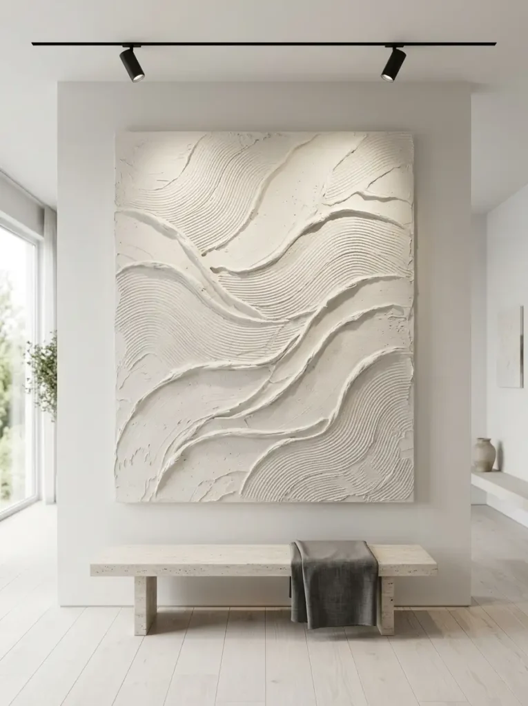 Textured Joint Compound Canvas Art Large white canvas art featuring thick sculptural waves made from joint compound above a stone bench.