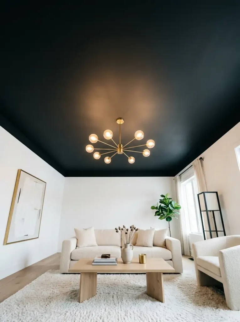 Painted Statement Ceiling | StylishGalore Living room featuring a flat black painted ceiling with a modern brass chandelier
