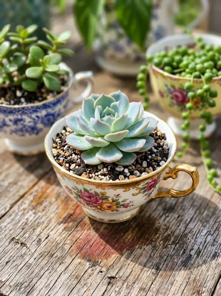 Teacup Succulent Planters China teacup with a floral pattern and gold trim repurposed as a planter holding a blue green succulent.