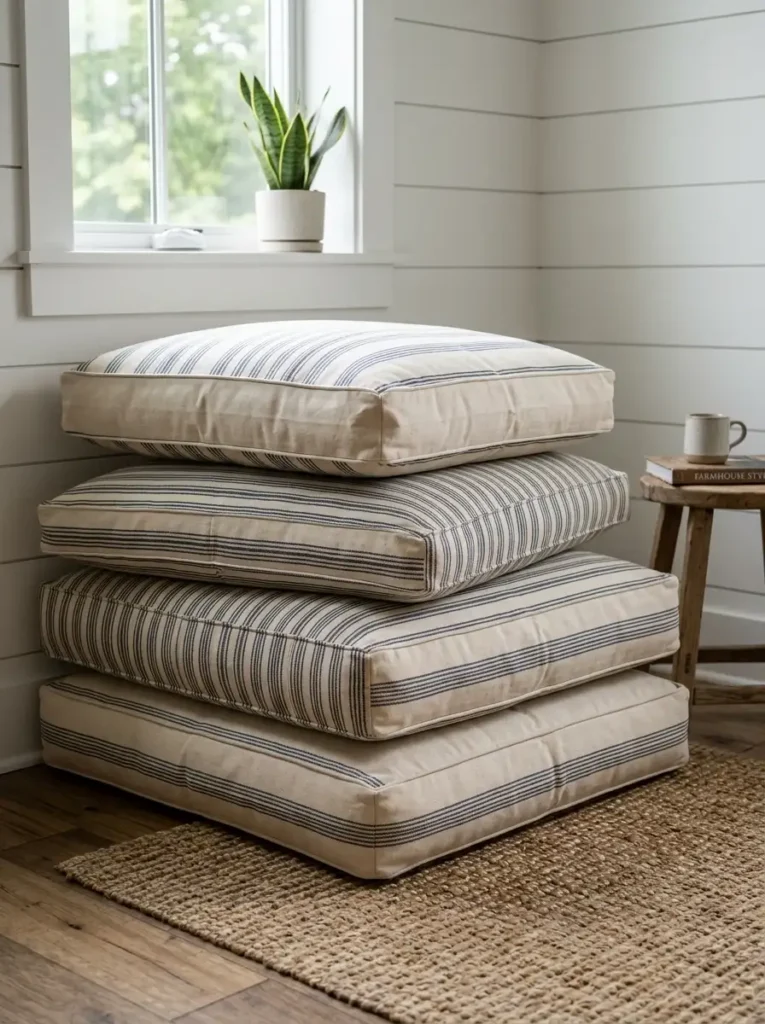 Stacked Ticking Stripe Floor Cushions Four oversized square floor cushions made from blue ticking stripe canvas stacked neatly in a living room corner