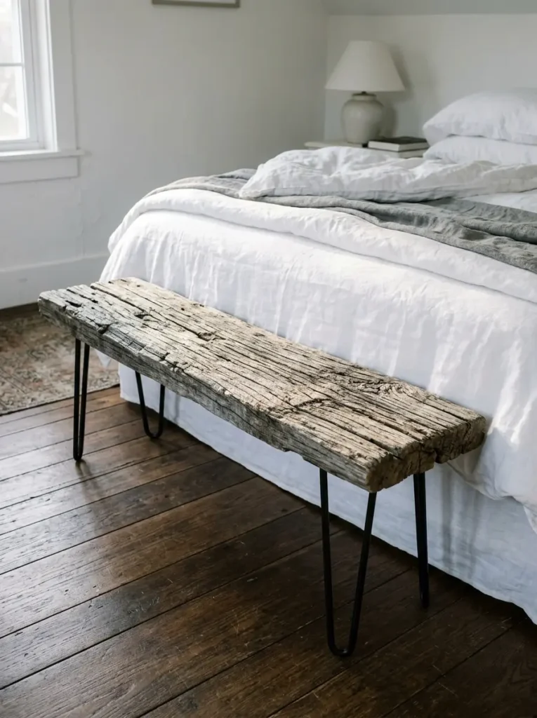 Weathered slab of reclaimed barn timber on black metal hairpin legs sitting at the foot of a bed.