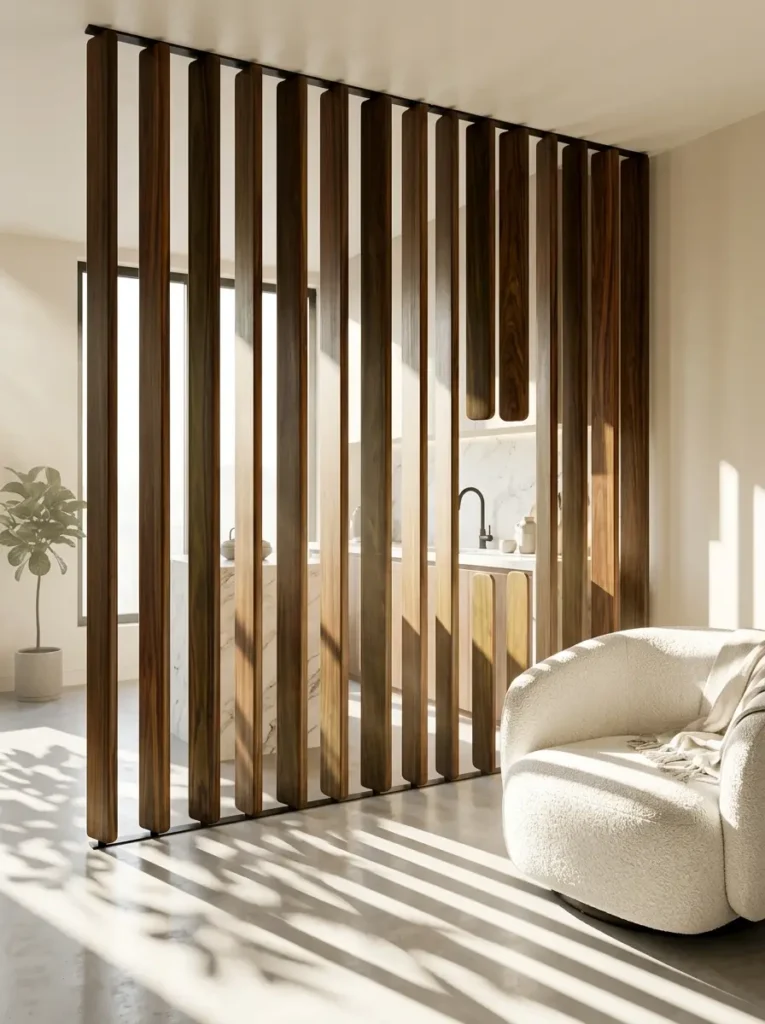 Walnut vertical timber screen separating a living area from a kitchen