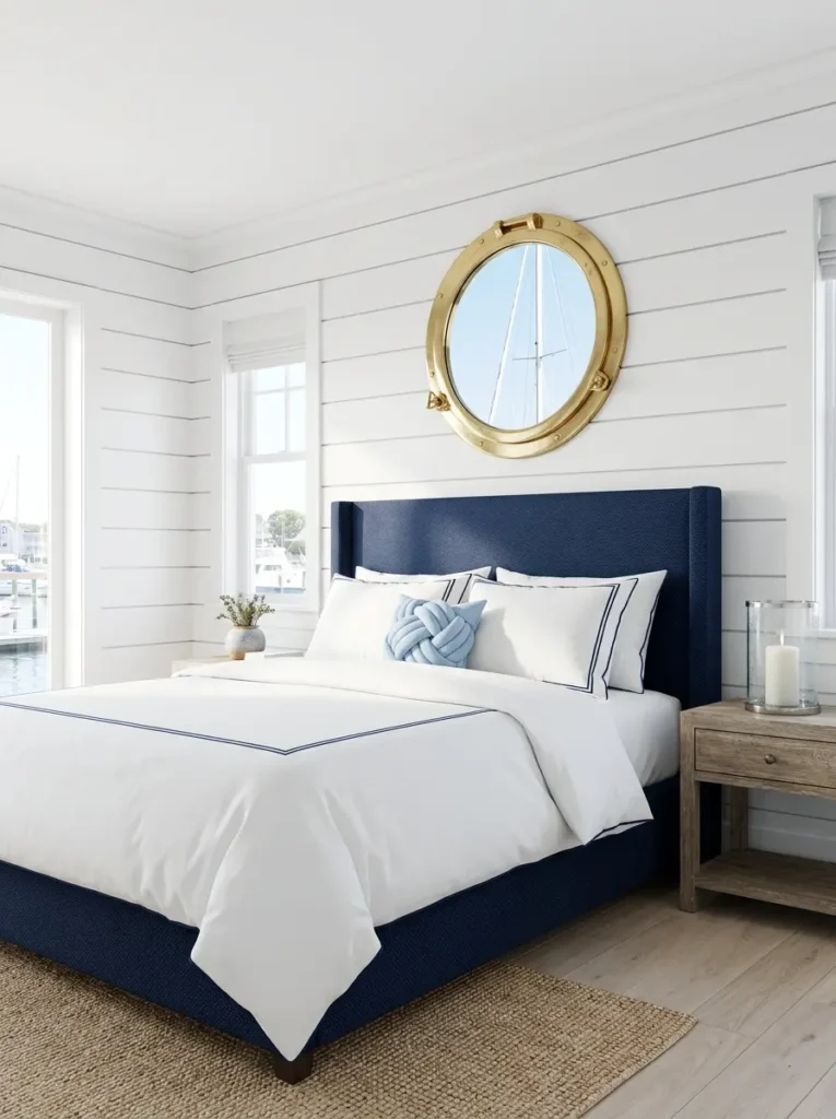 Tall navy blue winged headboard against white painted wood shiplap walls with a golden brass porthole mirror hanging above