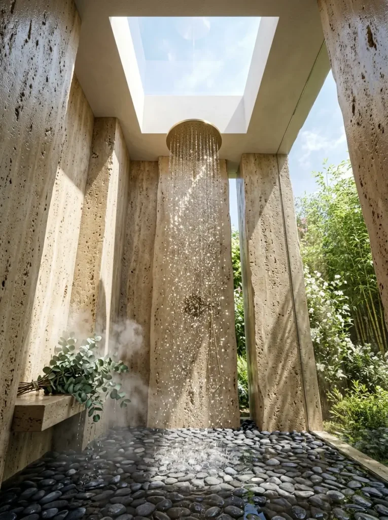 Tall stone slab shower with a round brass shower head and black pebbles.