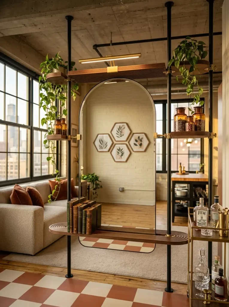 Vertical black tension poles holding wooden shelves and a large arched mirror