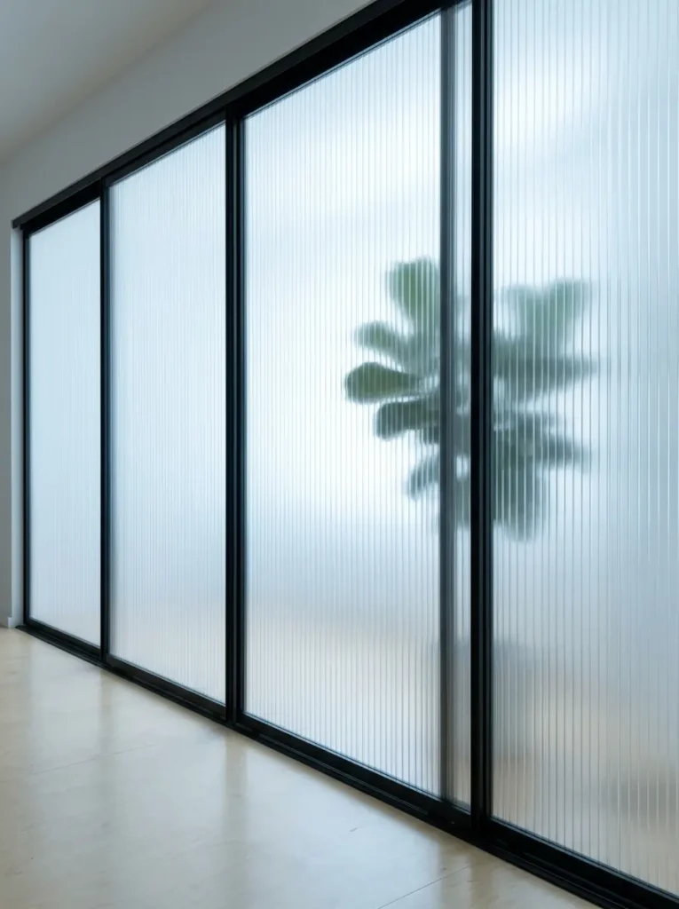 Ribbed translucent glass sliding doors show the silhouette of a leafy plant