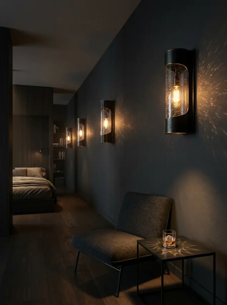 Textured Glass Wall Sconces Cylindrical metal wall sconces with seeded glass casting light patterns on a dark corridor wall.