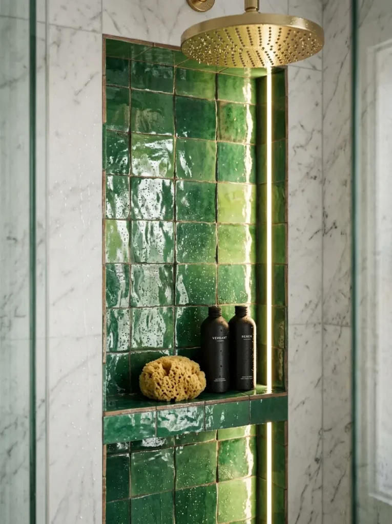 Tall vertical shower alcove lined with bright green tiles and glowing light strips holding black bottles.