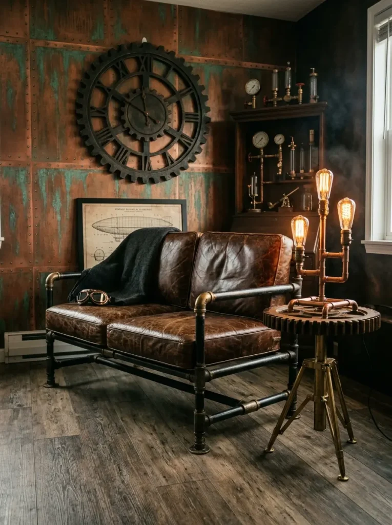 Dark brown leather pipe frame sofa next to exposed edison bulb lamp and large gear clock on oxidized metal wall