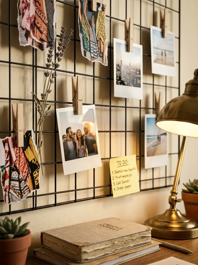 Black wire mesh grid panel above a desk holding polaroids and notes with wooden clips