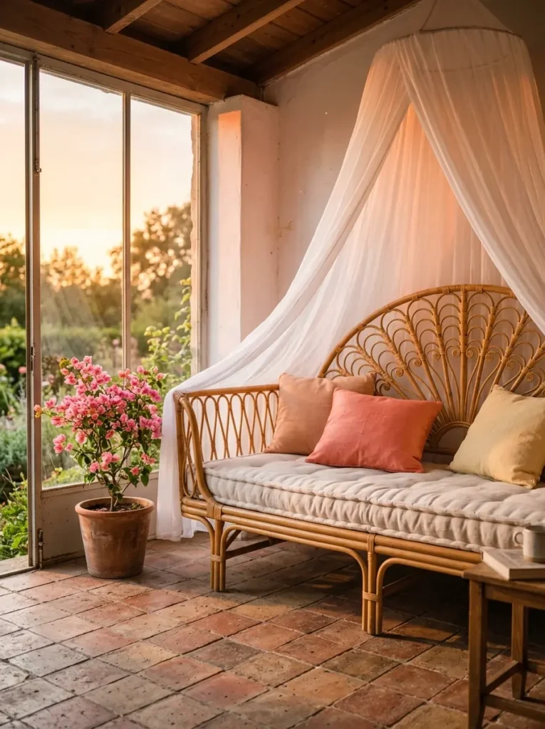Woven wicker daybed with peach pillows and sheer canopy.