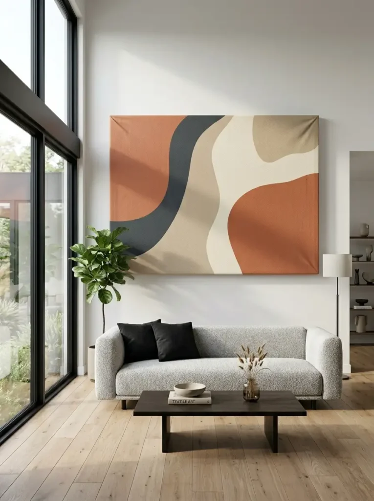 Stretched Fabric Wall Art Piece Oversized wall art created by stretching a geometric patterned fabric shower curtain over a wood frame.