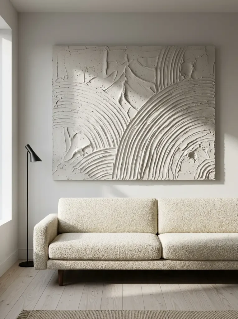 Plaster Texture Canvas Art | StylishGalore Large DIY canvas art piece featuring thick sweeping curves of white plaster texture
