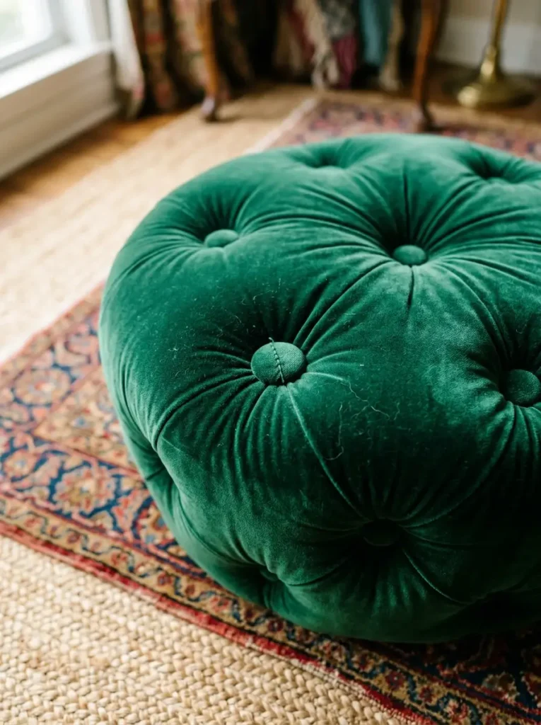 Tufted Velvet Floor Pouf Dark green velvet round floor pouf with button tufting resting on a patterned area rug.