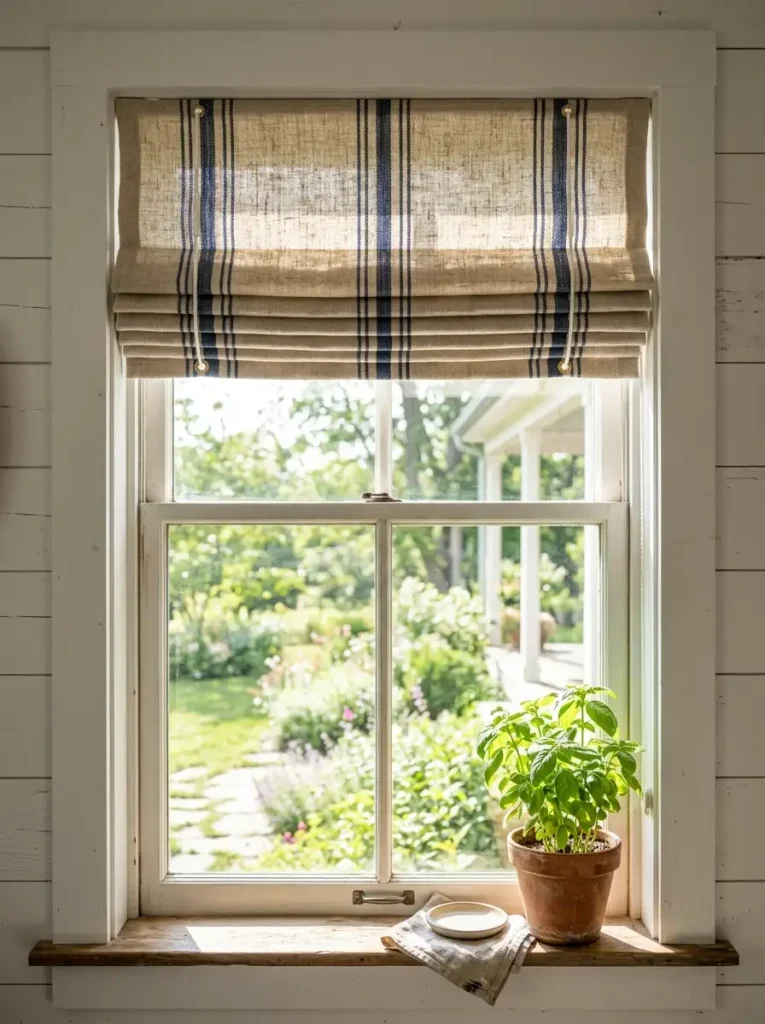 Striped Linen Custom Roman Shade Tailored heavy linen Roman shade featuring dark blue stripes hanging in a bright farmhouse living room window