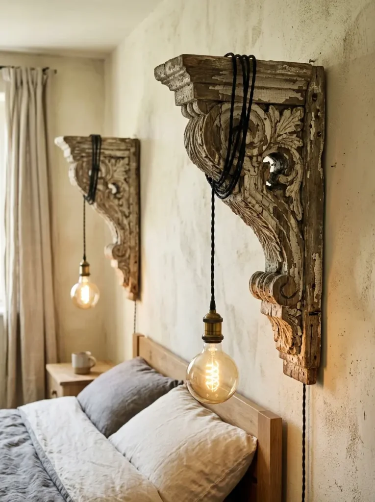 Ornate chipped antique wooden roof brackets mounted to a wall holding black electrical cords and bare bulbs.
